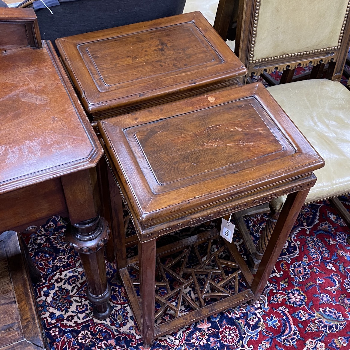 A pair of Chinese hardwood rectangular tables, width 42cm, depth 29cm, height 76cm